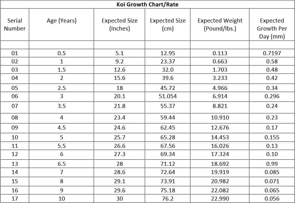 Koi Growth Chart/Rate